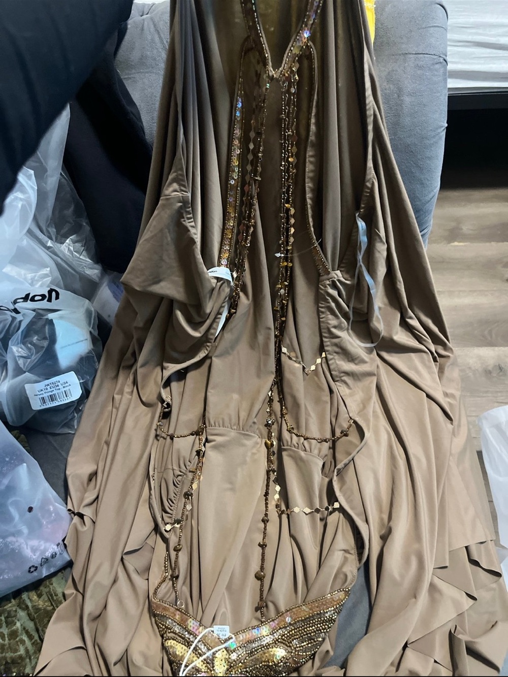 Jaded London Taupe Brown Sequin-Back Cold-Shoulder Mini Dress - Picture 3 of 3